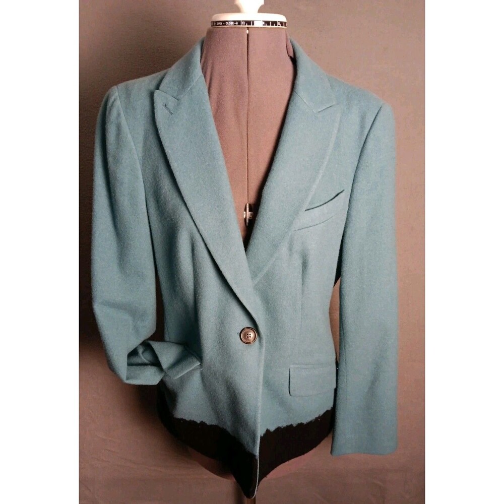 Piazza Sempione Wool Angora Button Jacket Blazer Teal Black Trim -size 8 -EUC